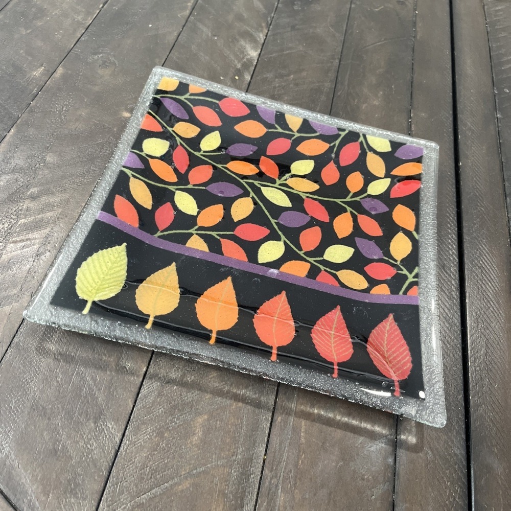 Peggy Karr Fused Art Glass Brightly Colored Autumn‎ Leaves Dish Tray 9.75"